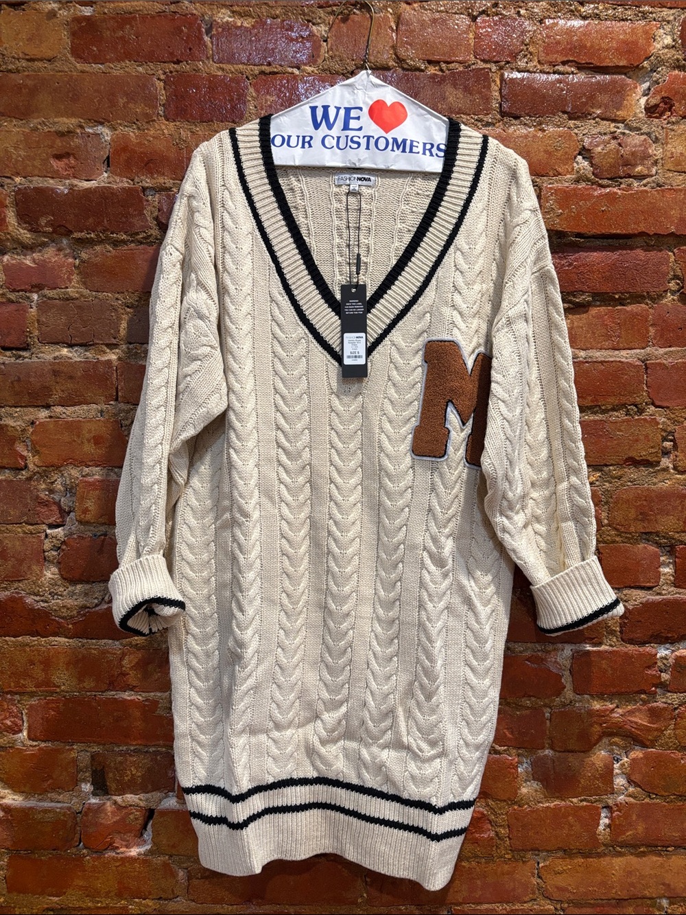 Varsity Mini Cream Sweater dress with Contrast Trim Blue